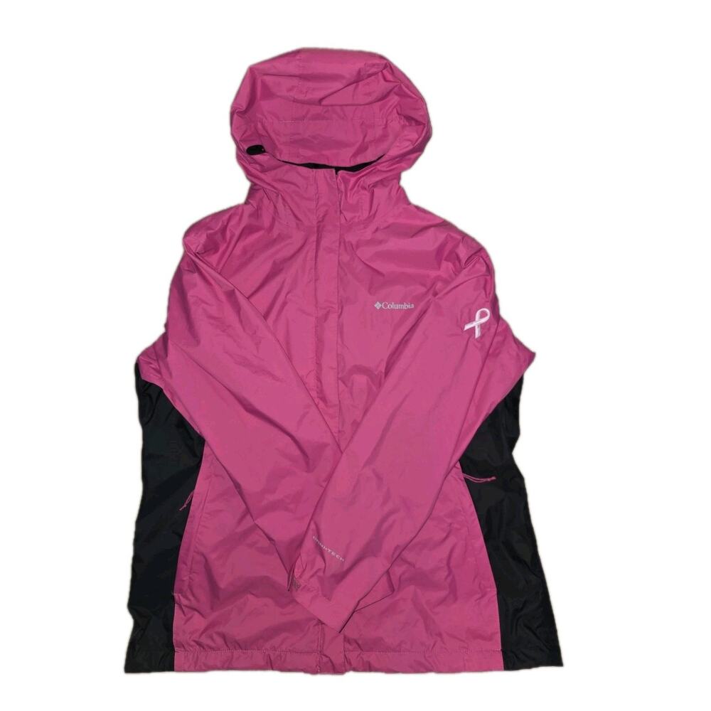 COLUMBIA Omni-Tech Women's 1X Waterproof Pink Black Rain Jacket Cancer Awareness